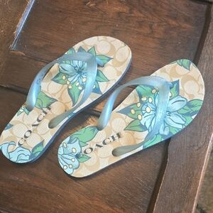 Coach Floral Logo Flip Flops in Beige and Blue-Green